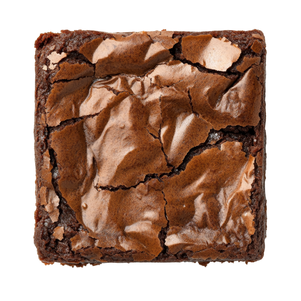 Delicious brownie with a glossy, cracked surface on a clean transparent background, delicious chocolate brownie top view on transparent background png