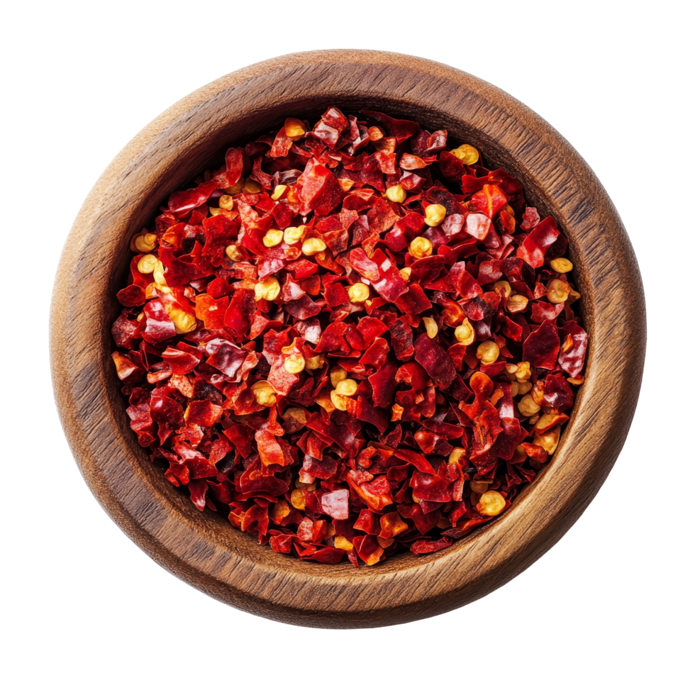 Crushed red chili pepper in a wooden bowl on a surface for cooking and seasoning dishes at home, Crushed red chili pepper in wood bowl isolated on transparent background png