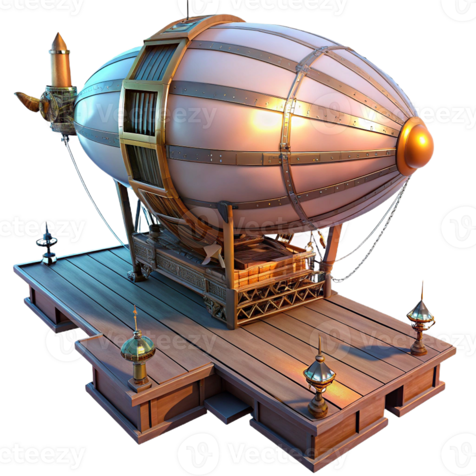 magnificent vintage A steampunk airship docking at a floating platform, intricate rigging and gangplanks, illuminated by a soft, twilight light original png