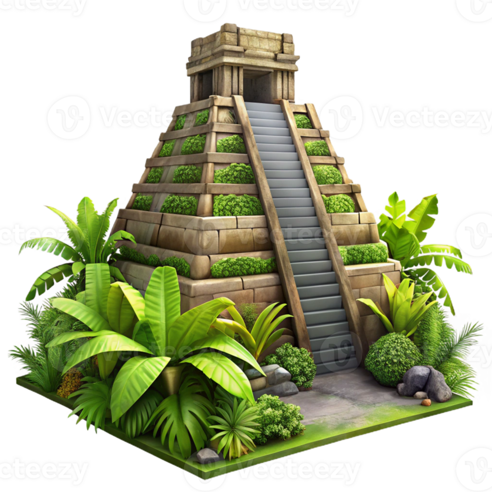 wonderful traditional An ancient Mayan pyramid overgrown with jungle vegetation, dappled sunlight, mysterious, hyperrealistic, detailed png