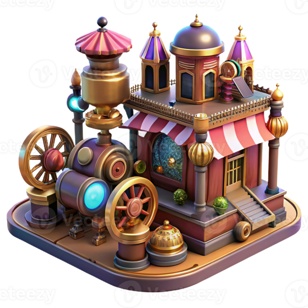 beautiful rustic A bustling steampunk marketplace filled with intricate clockwork contraptions and bizarre inventions, vibrant colors, warm, inviting lighting genuine png
