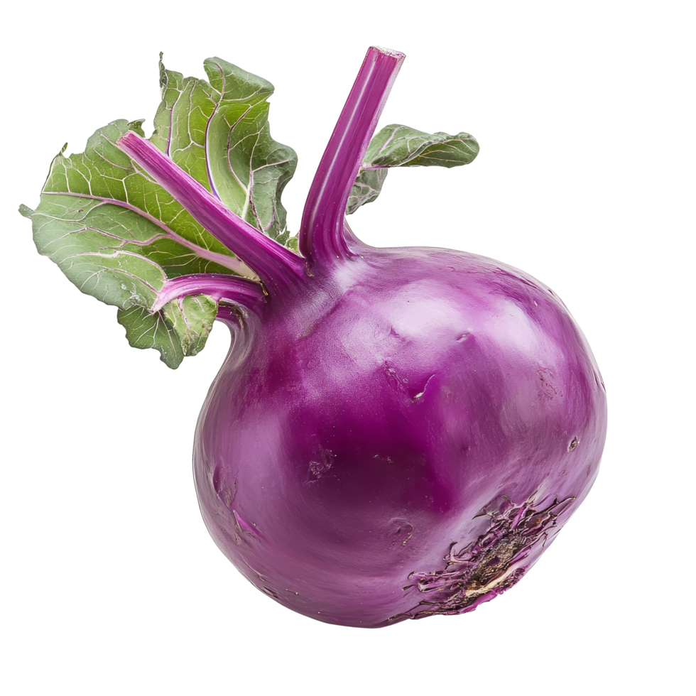 Fresh purple kohlrabi with leafy greens isolated against a clean transparent background, Purple kohlrabi isolated on transparent background png