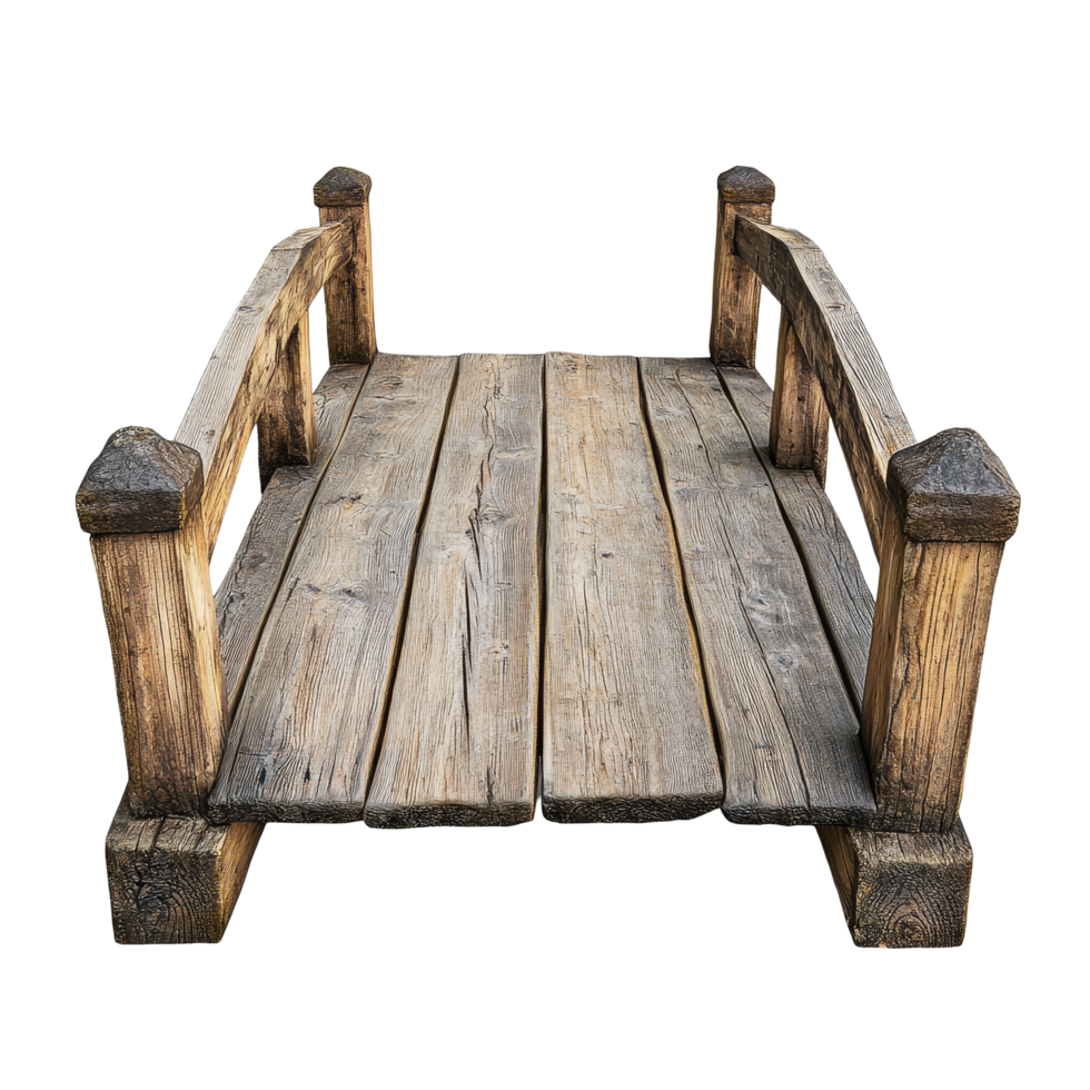 Wooden bridge with sturdy beams and rustic design displayed against a clean transparent background for visual clarity, Front view of a Wooden Bridge on transparent background png