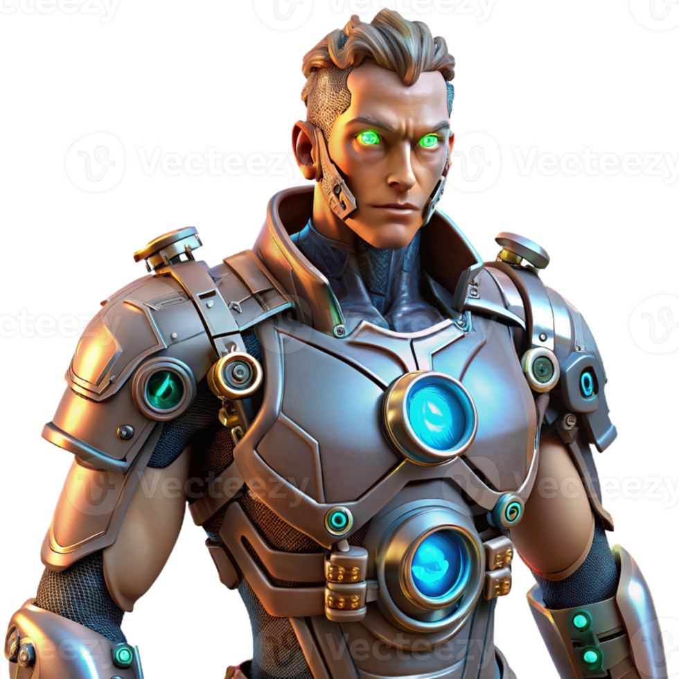 vibrant vintage A steampunk cyborg, with intricate mechanical augmentations, illuminated by the cold light of a laboratory. Clinical lighting, cyberpunk style high resolution png