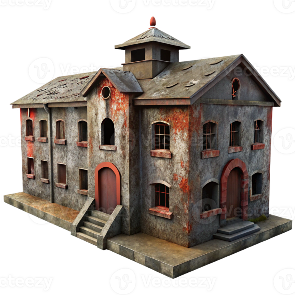 impressive modern An abandoned asylum, decaying walls and peeling paint, dim lighting, horror theme premium png