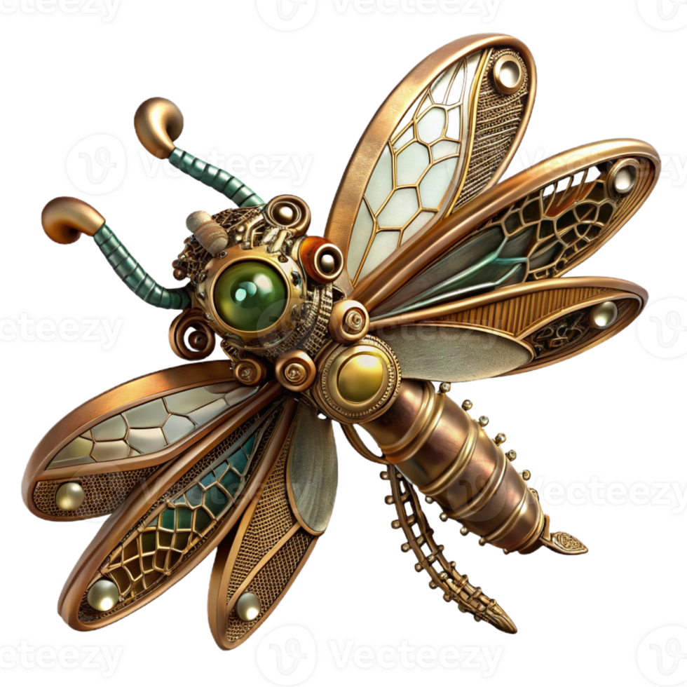 impressive minimalist A steampunk dragonfly with delicate, filigree wings made of gears and cogs, hovering in mid-air, illuminated by a single spotlight original png