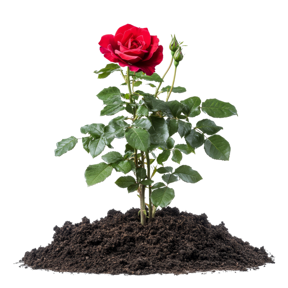 A vibrant red rose bush thriving in fertile soil against a pure transparent backdrop, a red rose bush grows in the ground, file of isolated object on transparent background png