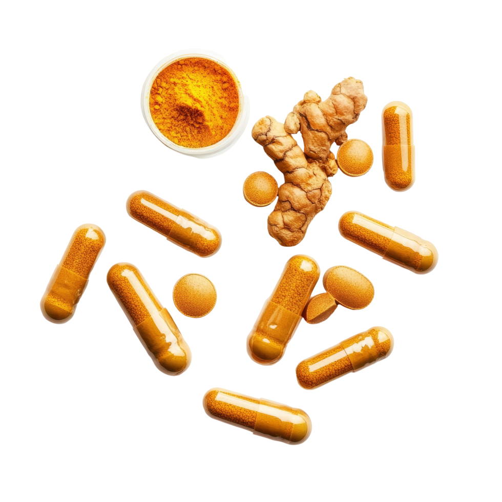 Turmeric powder and capsules scattered on a transparent background highlighting natural supplements for health, turmeric and capsules on transparent background png