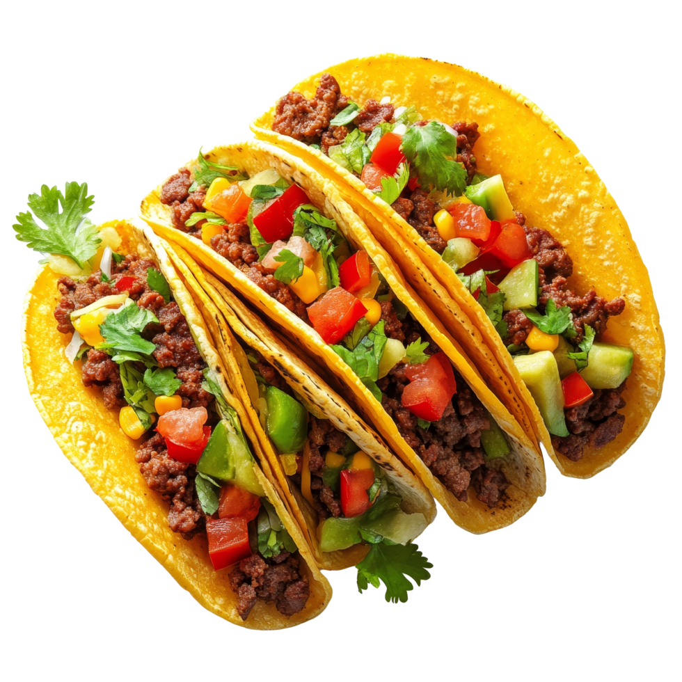 Mouthwatering tacos filled with seasoned beef and fresh toppings served on a transparent background, Delicious Tacos on transparent background png