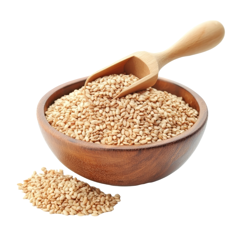 Fresh sesame seeds in a wooden bowl with a scoop on a clean transparent background, Sesame in wood bowl and scoop isolated on transparent background png