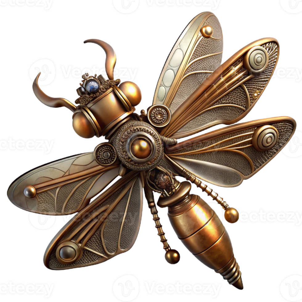 magnificent rustic A steampunk dragonfly with delicate, filigree wings made of gears and cogs, hovering in mid-air, illuminated by a single spotlight high quality png