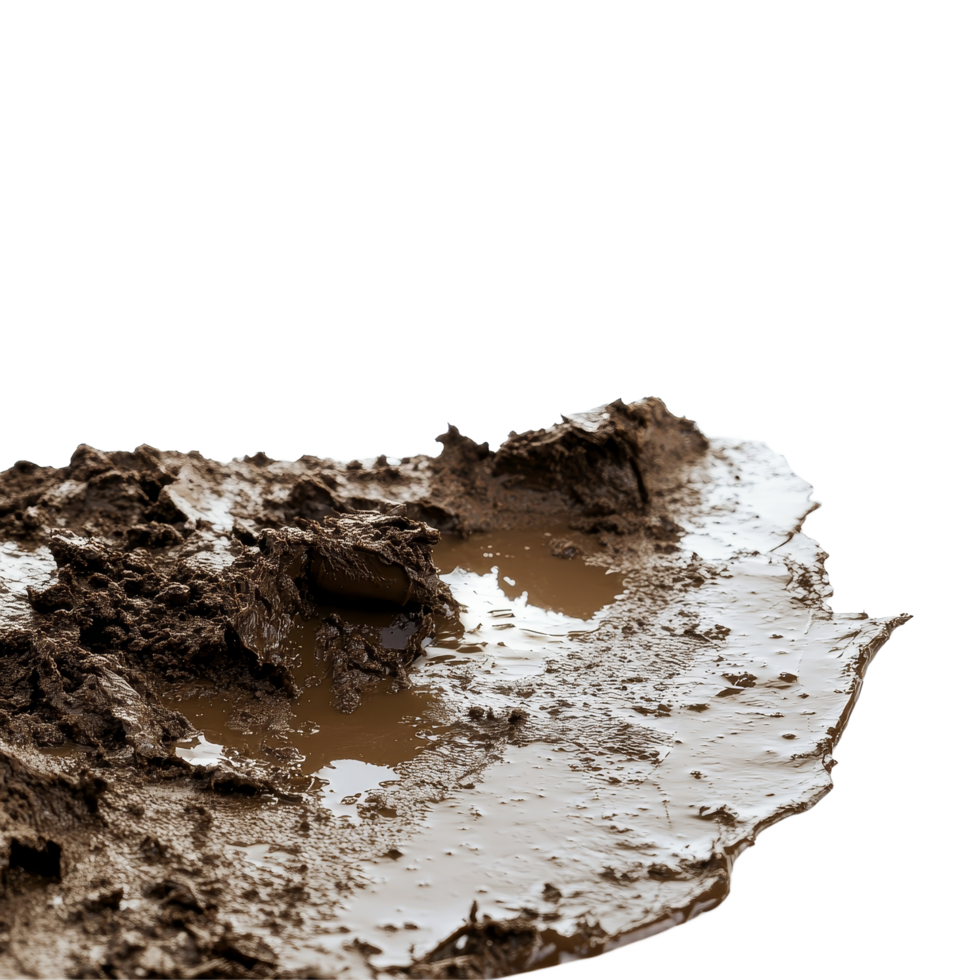 Wet soil and puddles on a muddy surface isolated against a transparent background during the rainy season, Mud Surface with Wet Soil and Puddles, Isolated on transparent background png
