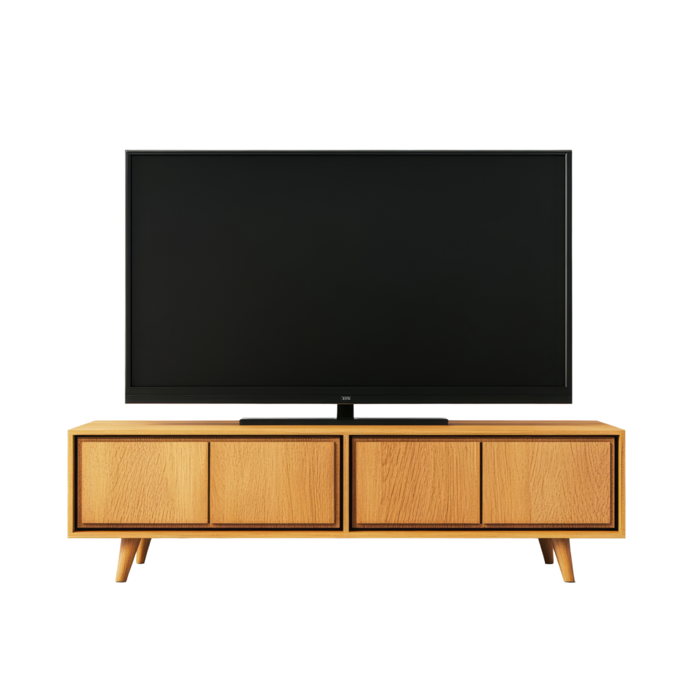 Modern wooden frame TV mockup displayed on a stylish console with clean lines in a bright space, modern TV mockup with wooden frames, file of isolated object with shadow on transparent background png