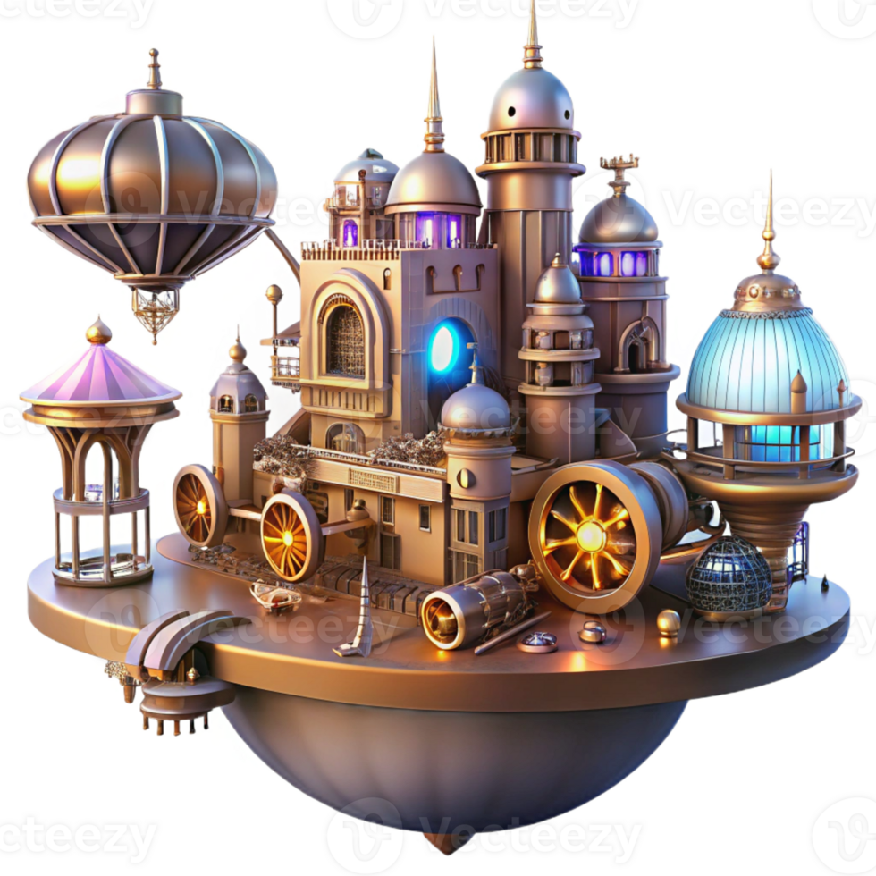 serene vintage A steampunk cityscape with flying machines and intricate architecture, cogs and gears visible, illuminated by a vibrant, futuristic light authentic png
