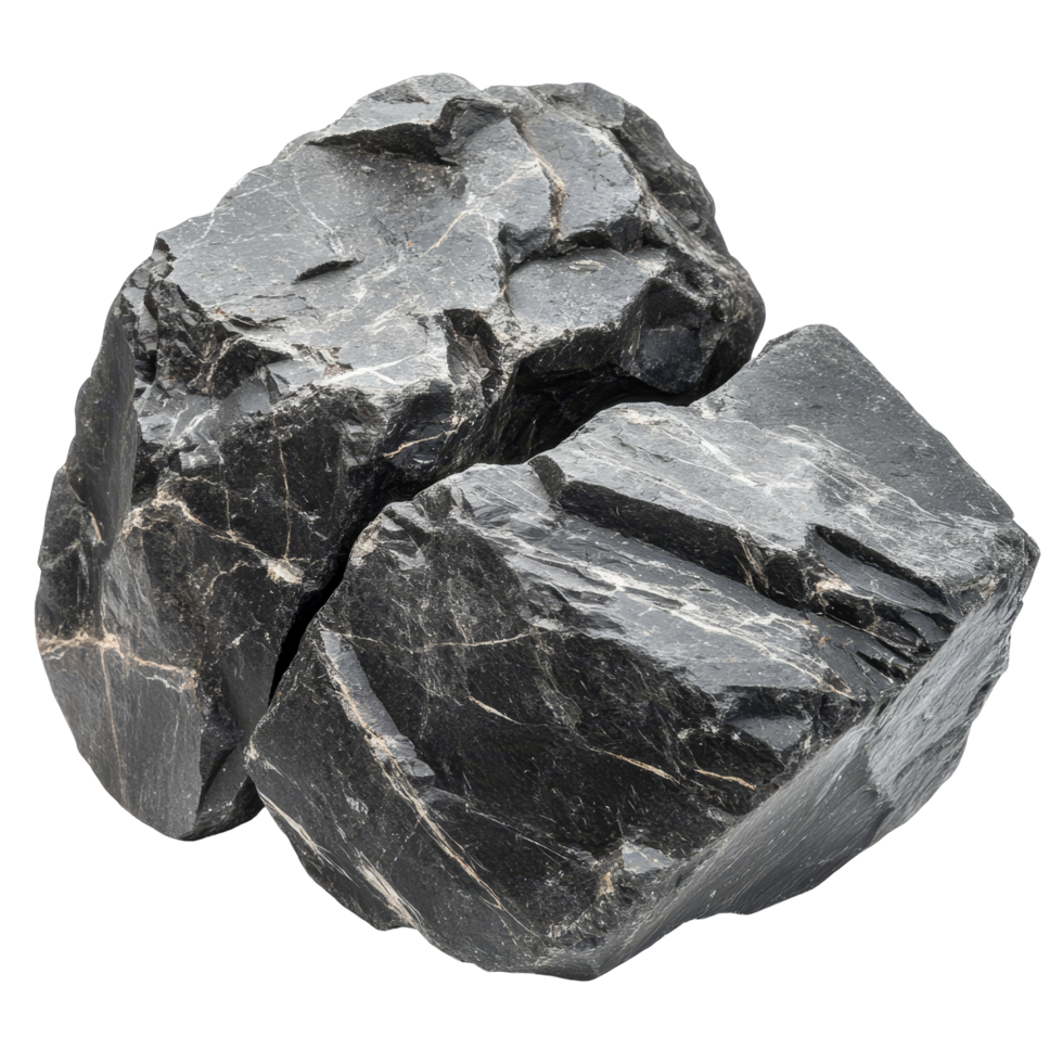 Large isolated black boulders resting on a smooth surface of W transparent gemstone, Big boulder black rocks on the ground, isolated on transparent background cutout png