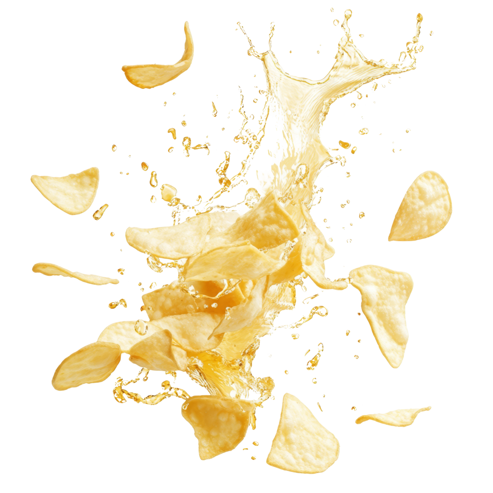 Potato chips splashing in water creating a dynamic and vibrant visual of snack time fun, Potato chips splashing isolated png