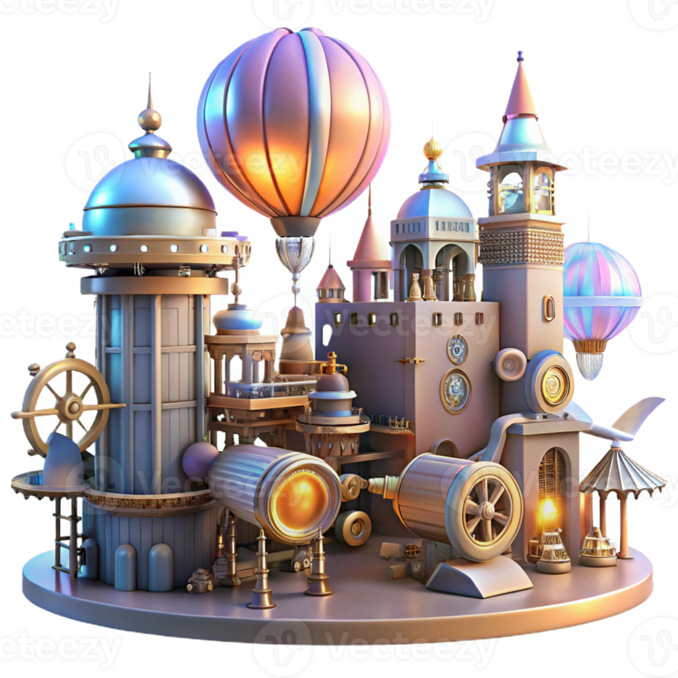 impressive classic A steampunk cityscape with flying machines and intricate architecture, cogs and gears visible, illuminated by a vibrant, futuristic light authentic png
