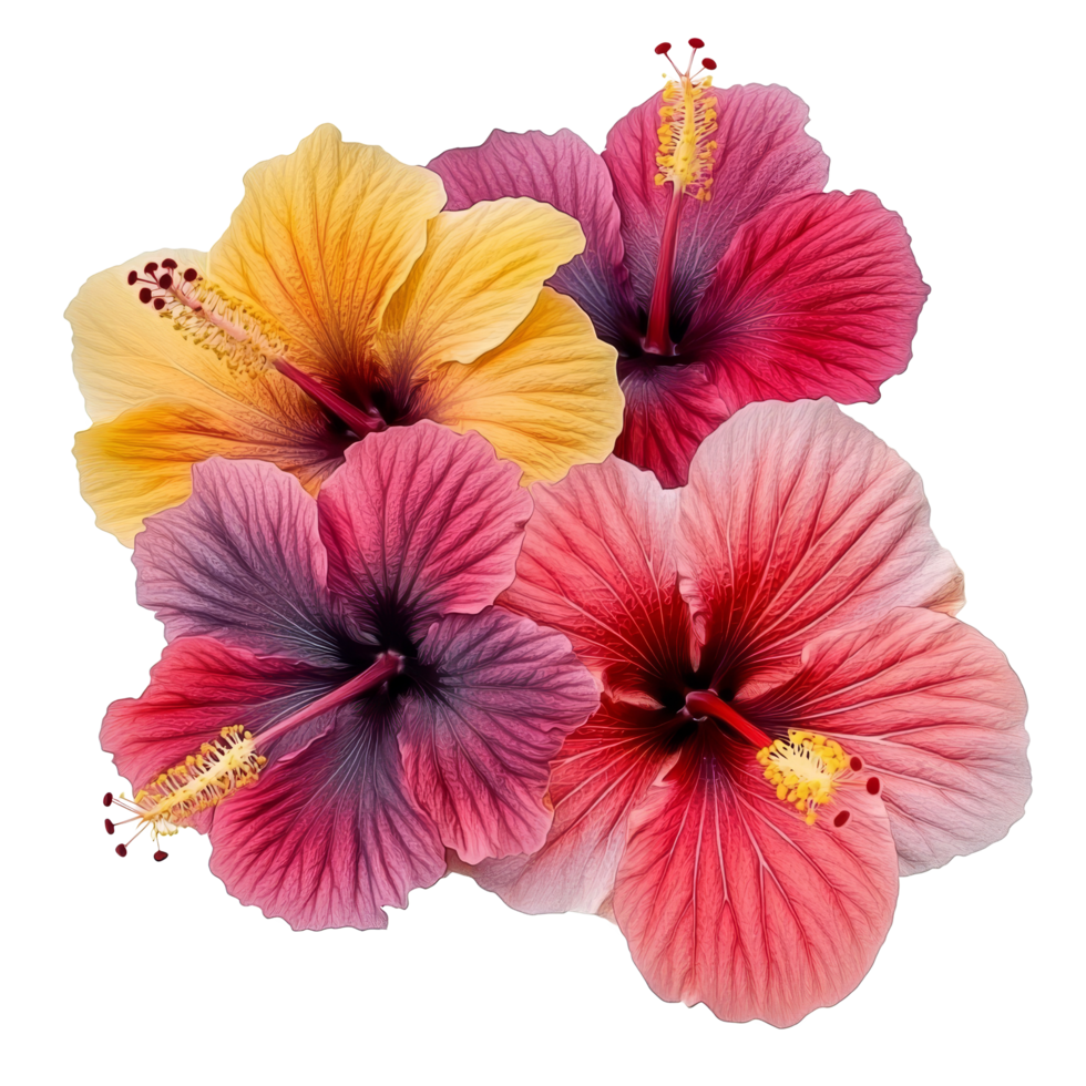 A vibrant bouquet of hibiscus flowers arranged beautifully on a pristine transparent background, Bouquet of hibiscus flowers, isolated on transparent background png