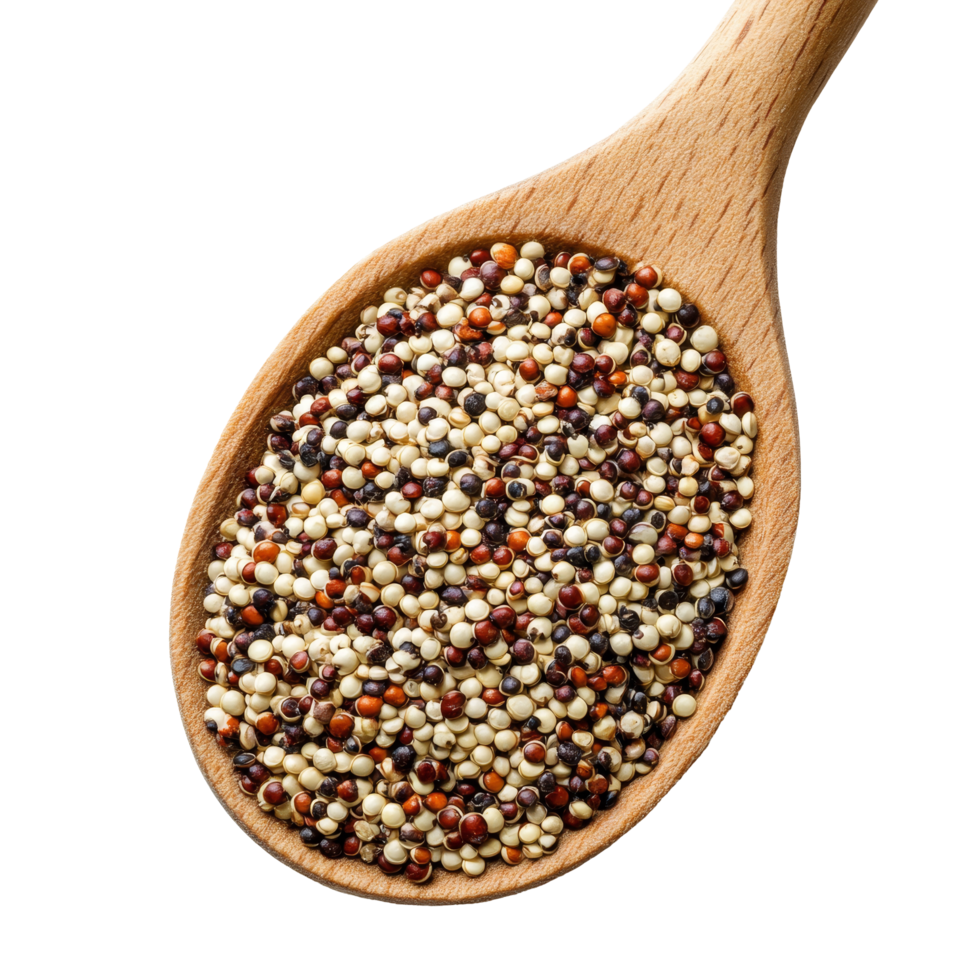 Mixed raw quinoa grain piled in a wooden spoon against a transparent background, Pile of mixed raw quinoa, grain in wood spoon isolated on transparent background png