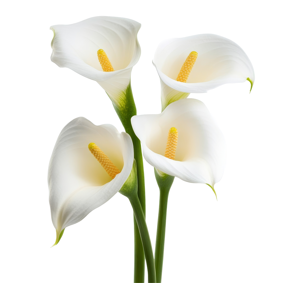 Elegant calla lilies arranged beautifully on a transparent background showcasing their natural beauty and purity, Calla Lilies flowers isolated on transparent background cutout png