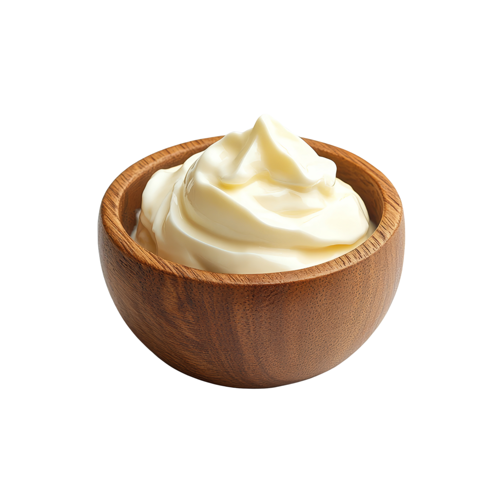 Delicious creamy yoghurt served in a rustic wooden bowl on a clean transparent background, Yoghurt in wood bowl on transparent background png