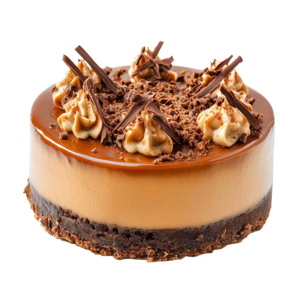Delicious caramel mud cake topped with chocolate shavings and creamy frosting on a transparent background, caramel mud cake isolated on transparent background png