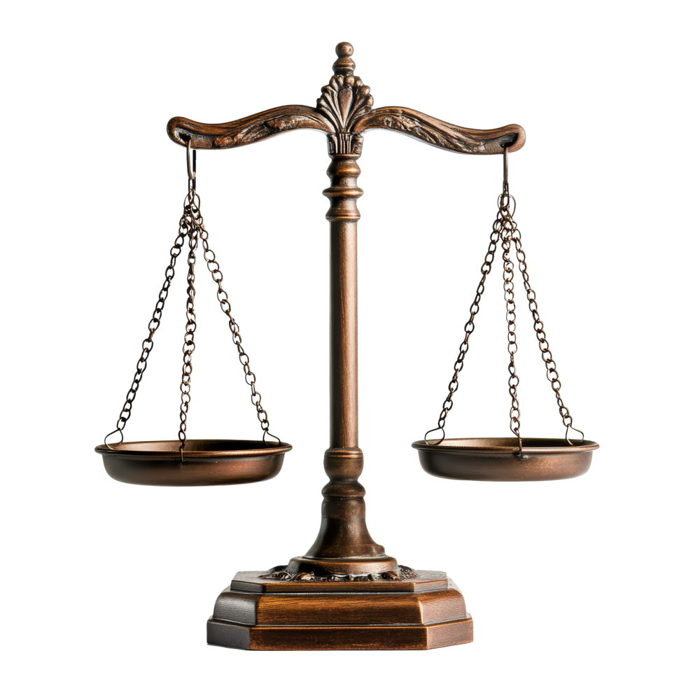 Judicial scale on a transparent background symbolizing justice and balance in legal matters, judicial scaleisolated transparent background png
