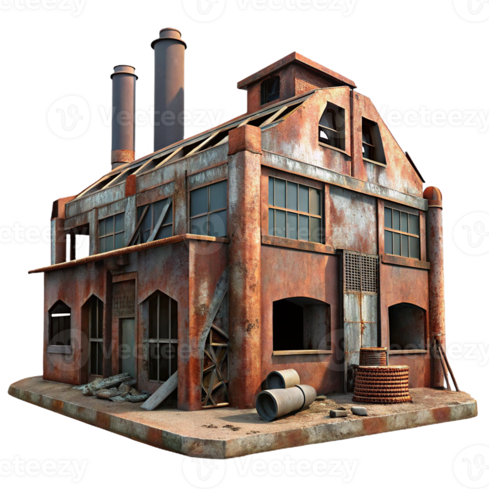 serene rustic An abandoned industrial factory, rusty metal, broken windows, post-apocalyptic setting, digital painting, genuine png
