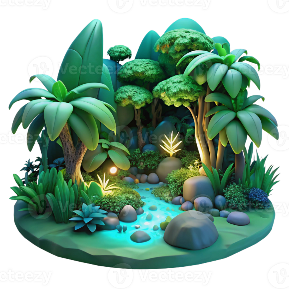 elegant rustic A lush, green jungle teeming with colorful, bioluminescent flora and fauna, lit by moonlight filtering through dense canopy, dreamlike art style high quality png