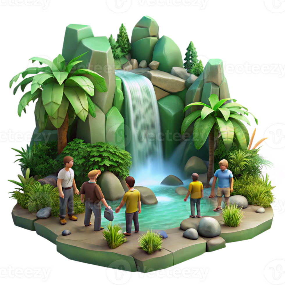 extraordinary abstract A group of adventurers discovering a hidden waterfall in a lush jungle, dappled lighting, digital painting detailed png