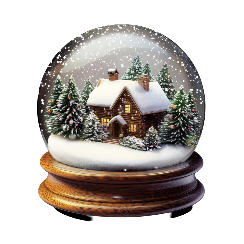A charming Christmas snow globe featuring a snowcovered house surrounded by frosted trees under a falling snow backdrop, Christmas Snow Globe with SnowCovered House Isolated on transparent background png