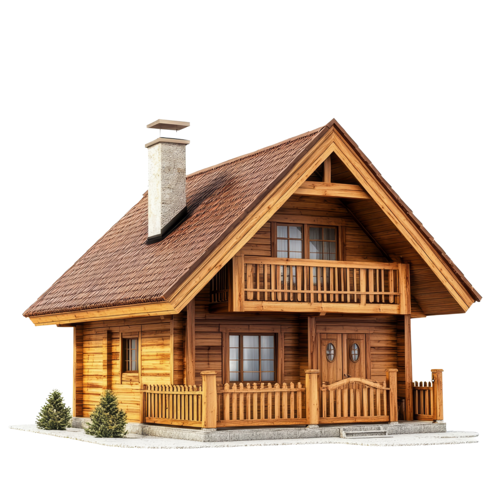 A charming wooden chalet house set against a transparent background with a simple design, ideal for relaxation or a mountain retreat, chalet house, isolated transparent background png