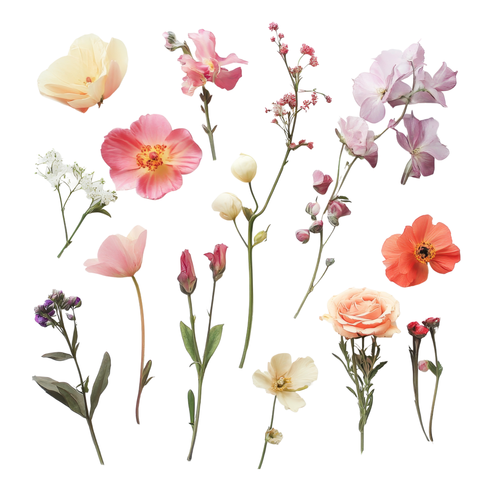 A beautiful arrangement of assorted flowers on a clean transparent background celebrating natures artistry, peonie flowers isolated on transparent background cutout png