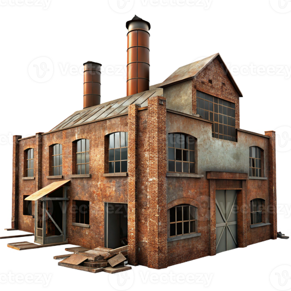 serene traditional An abandoned factory, rusted metal, broken windows, gritty, urban style premium png