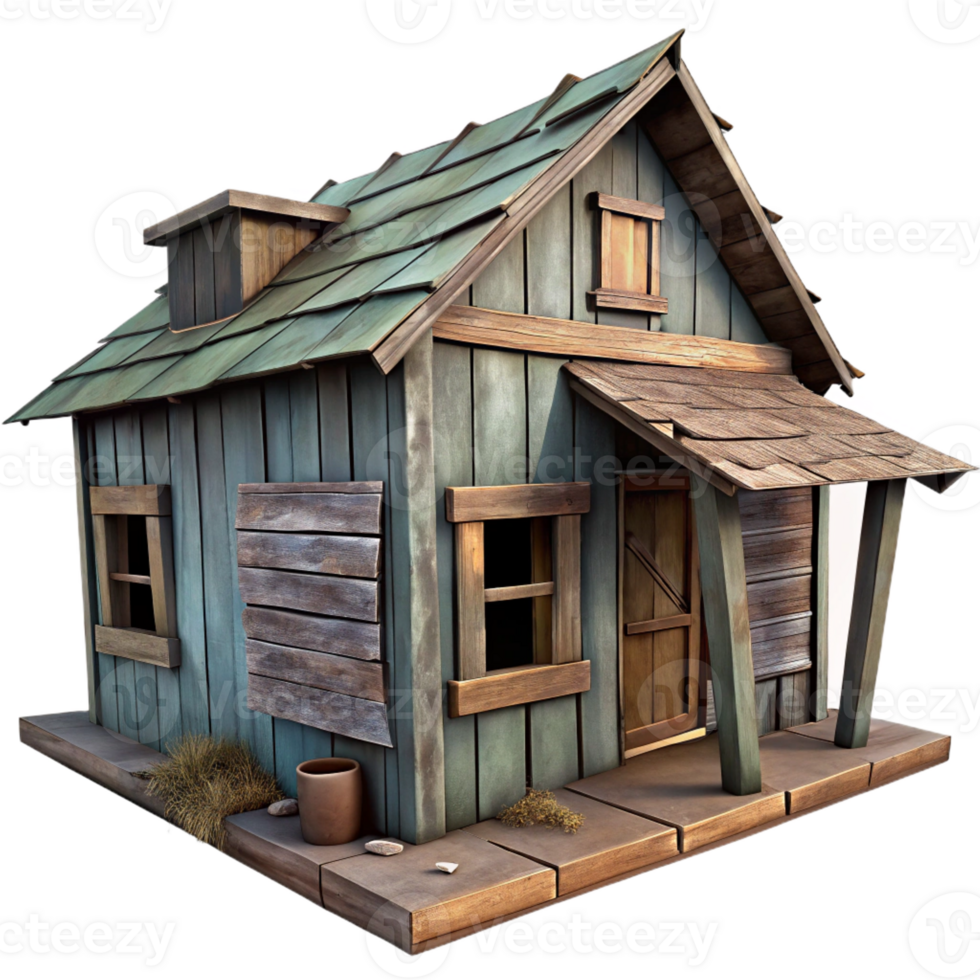 magnificent creative A dilapidated wooden shack, peeling paint and broken windows, overcast lighting, rural and impoverished style 4K png