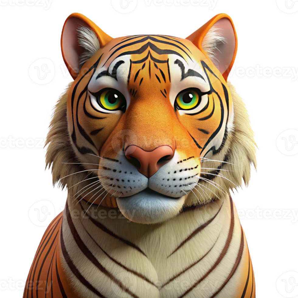 serene creative A close-up portrait of a Bengal tiger, intense gaze and detailed fur, photorealistic style premium png