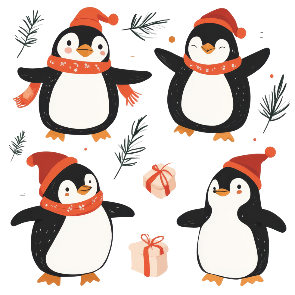 Charming penguin characters celebrating a festive holiday season against a clean transparent backdrop, Holiday Celebration Penguin Characters on transparent background png