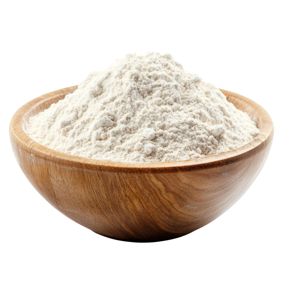 A cozy wooden bowl filled with flour sits against a clean transparent background, showcasing an essential baking ingredient, Pile of flour in wood bowl isolated on transparent background png