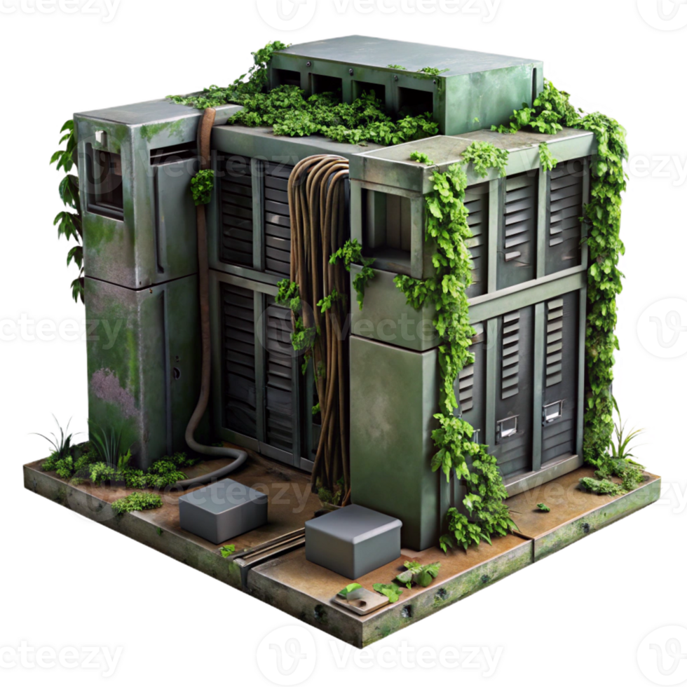 extraordinary classic A decaying server room overgrown with vines, post-apocalyptic style, dim and dusty lighting genuine png