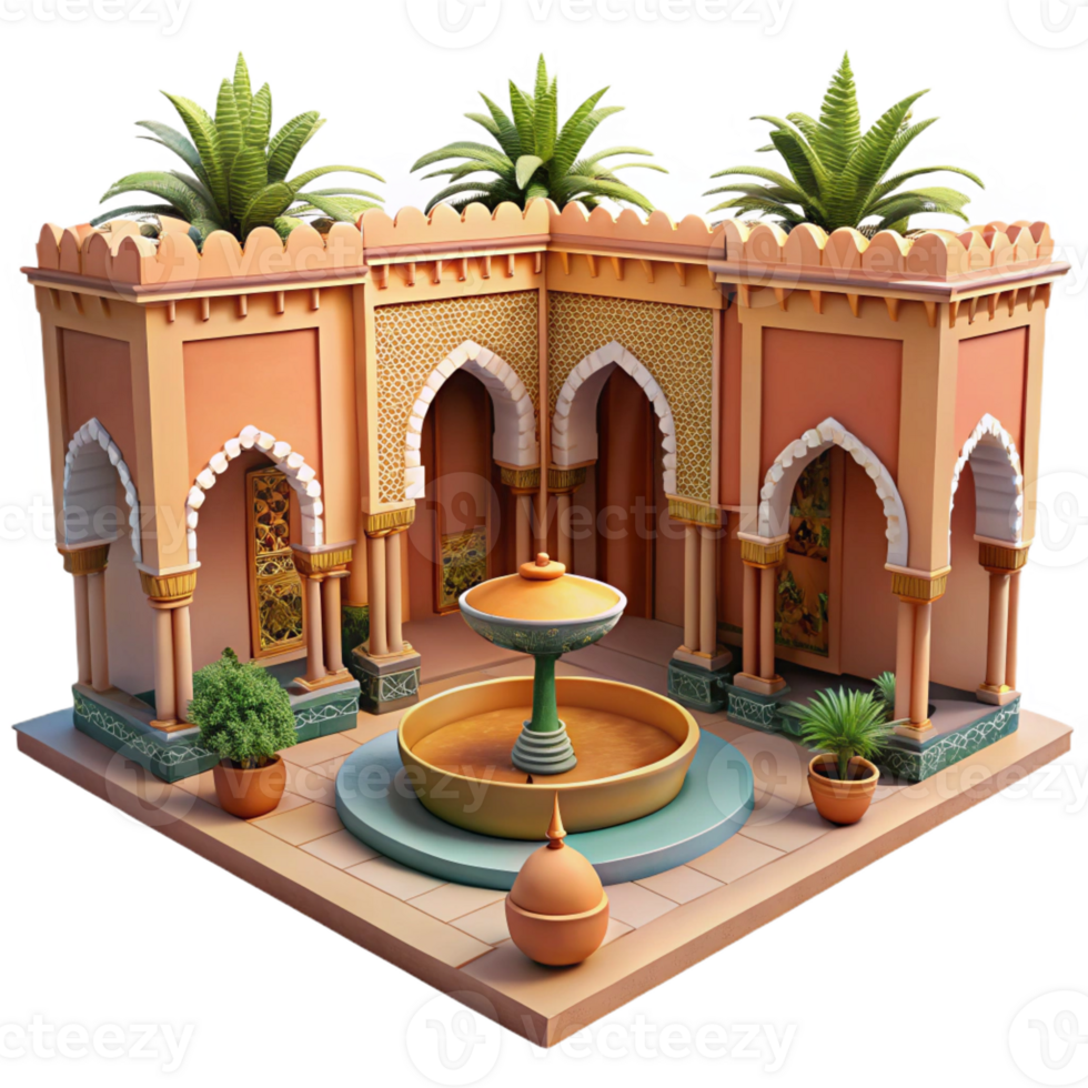 dramatic minimalist A Moroccan riad, intricate tilework, central courtyard fountain, exotic, opulent style professional png