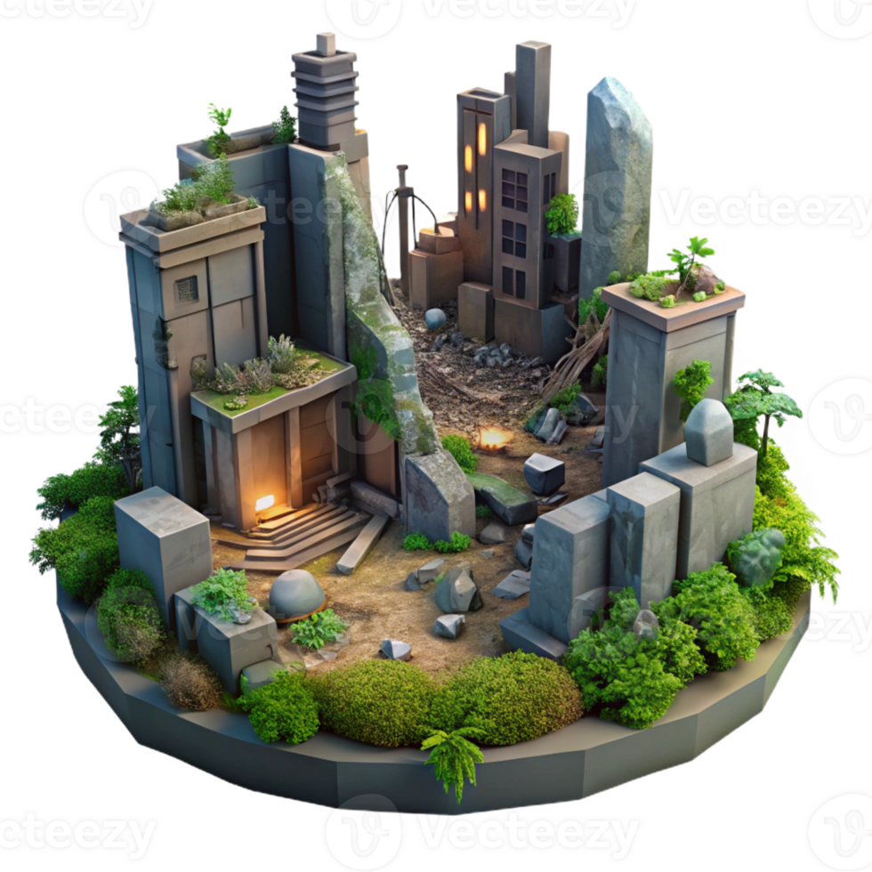 elegant rustic A post-apocalyptic city in ruins, overgrown with vegetation, dim lighting, dystopian style, muted colors, 4K png