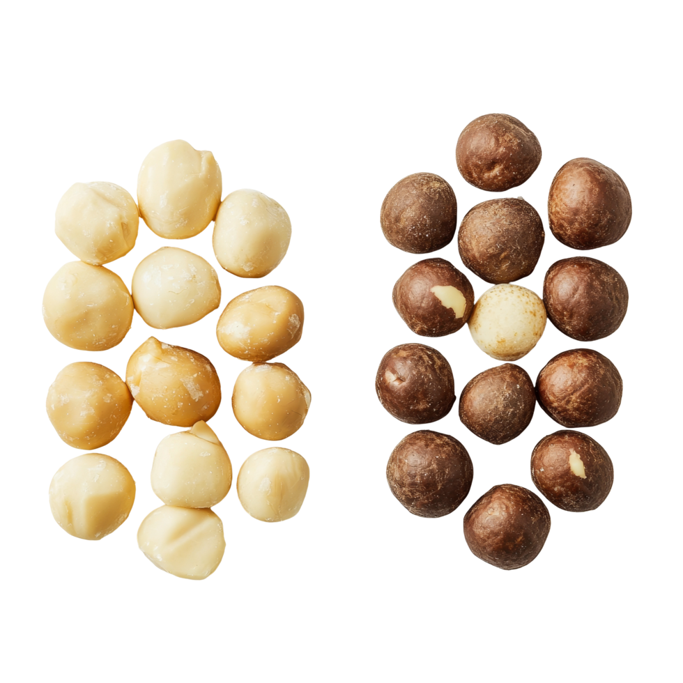 Shelled and unshelled macadamia nuts arranged on a clean transparent background for culinary uses and recipes, Shelled and unshelled macadamia nuts on transparent background png