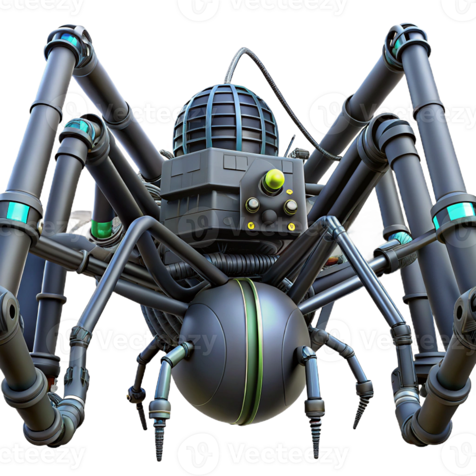 extraordinary minimalist A giant robotic spider weaving a web of fiber optic cables, dark and ominous lighting, industrial setting premium png