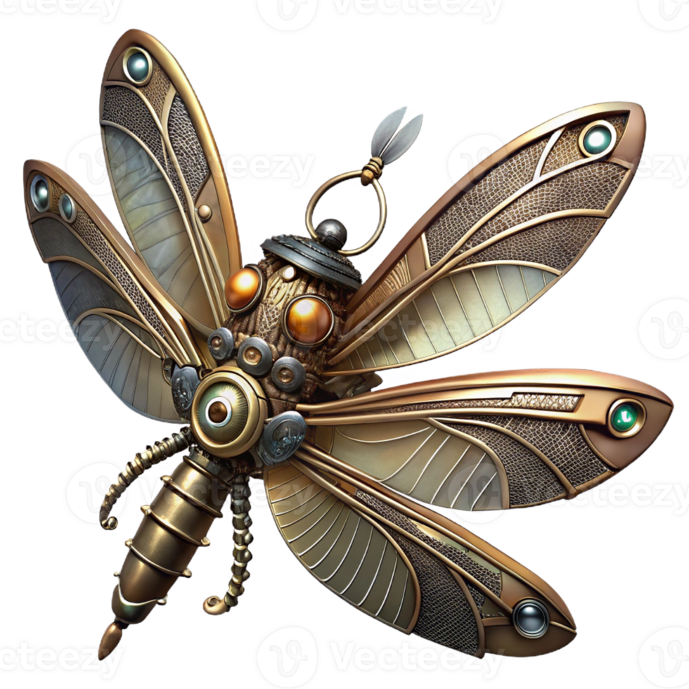 elegant contemporary A steampunk dragonfly with delicate, filigree wings made of gears and cogs, hovering in mid-air, illuminated by a single spotlight genuine png