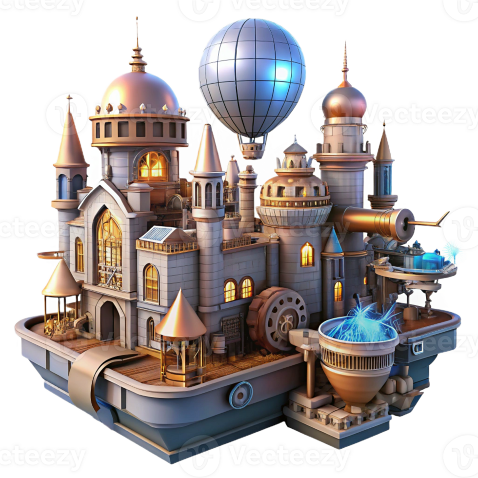 impressive abstract A steampunk cityscape with flying machines and intricate architecture, cogs and gears visible, illuminated by a vibrant, futuristic light detailed png