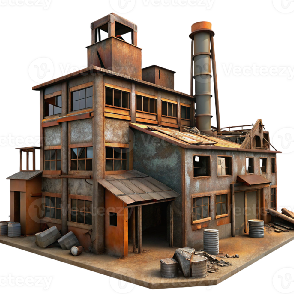 elegant modern An abandoned industrial factory, rusty metal, broken windows, post-apocalyptic setting, digital painting, high resolution png