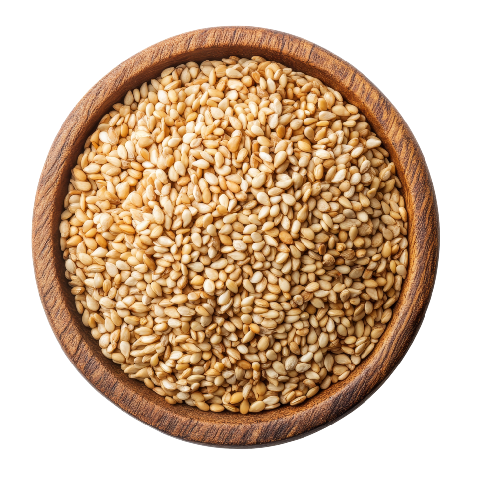 Sesame seeds in a wooden bowl on a transparent background highlighting their natural texture and color, Sesame seeds isolated on transparent background png
