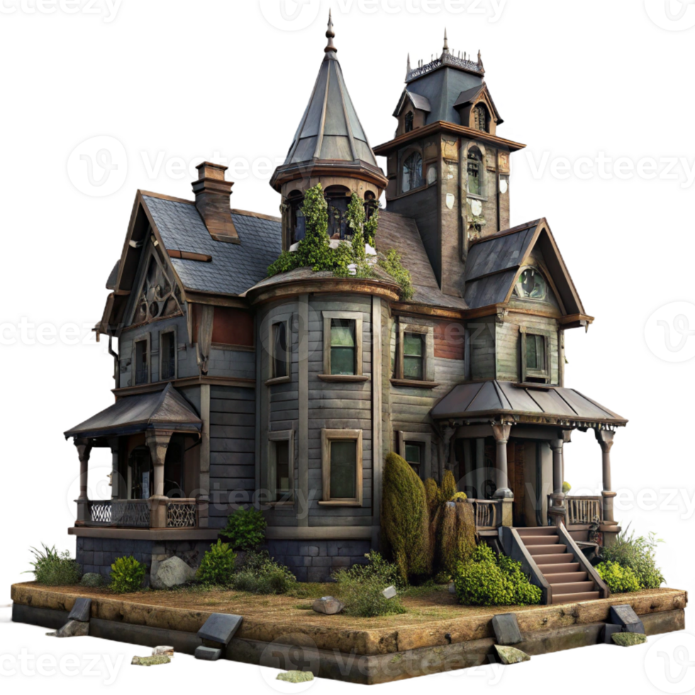 vibrant creative A decaying Victorian mansion, broken windows, overgrown vegetation, dark and moody lighting, horror style exclusive png