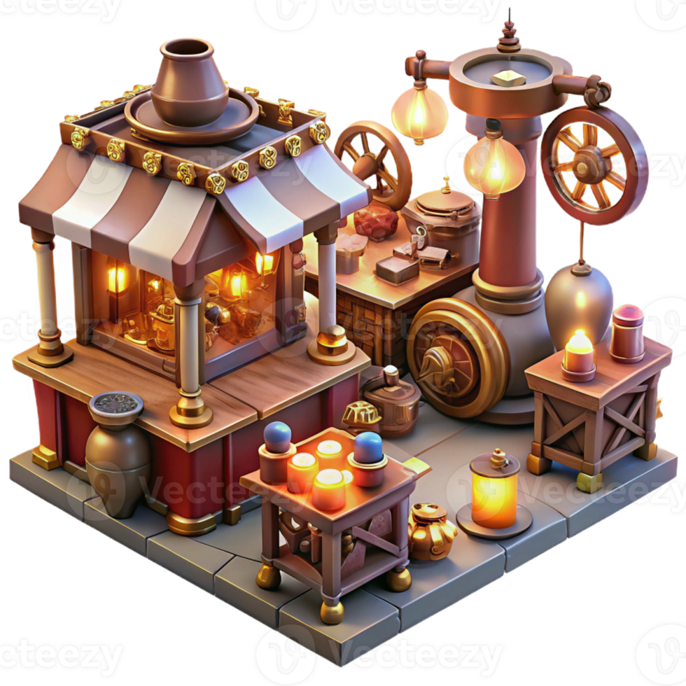 elegant traditional A bustling steampunk marketplace, filled with vendors selling fantastical gadgets, cogs and gears scattered about, lit by flickering gaslight high resolution png