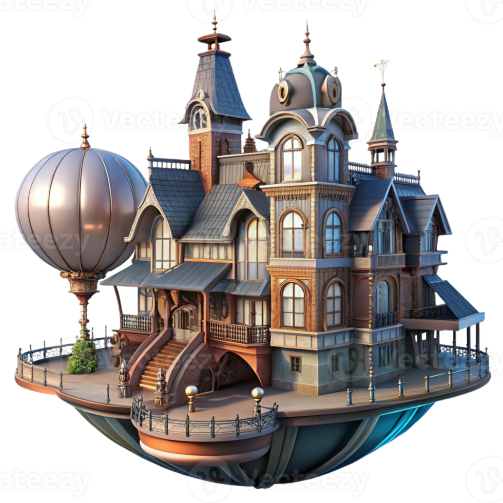 beautiful minimalist A floating Victorian mansion with steampunk elements, dramatic lighting, fantasy, intricate details, genuine png